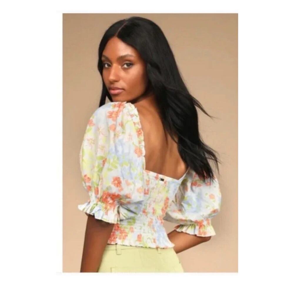 Billabong Feeling Groovy Puff Sleeve Floral Smocked Crop Blouse Top Size L 2692